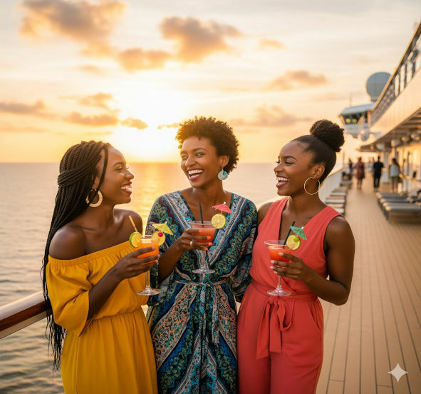 3 ladies on deck with cocktails