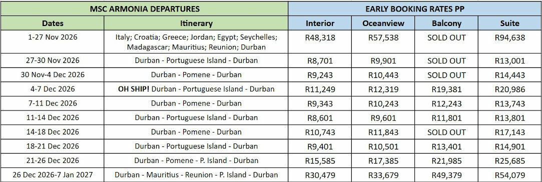 MSC Armonia November and December sailings